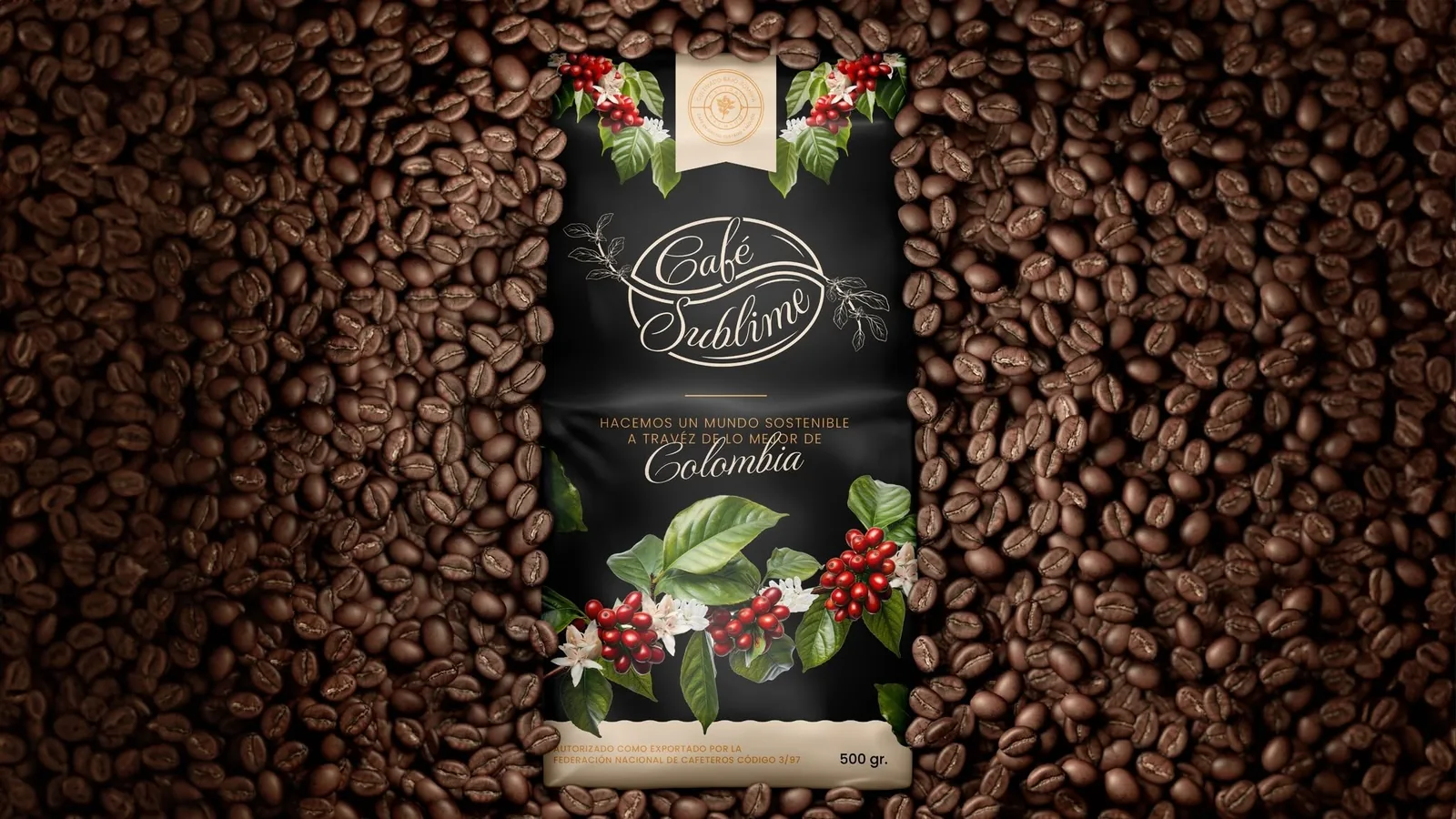 Empaque de Café Sublime rodeado de granos tostados